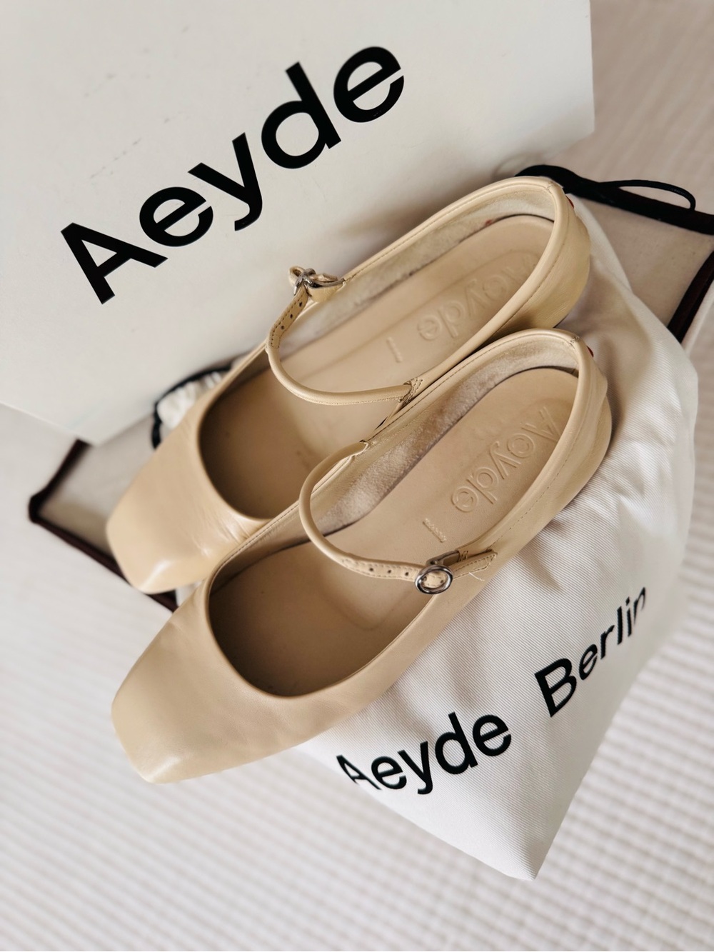 Aeyde Cream Leather Mary Jane Flats with Ankle Strap